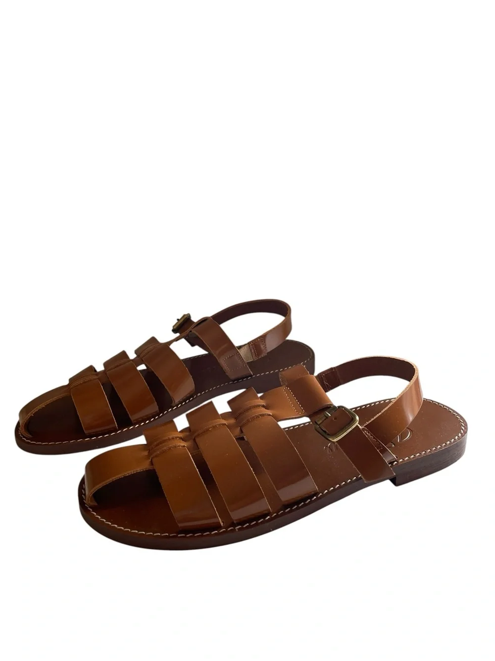 J. Crew Fisherman Leather Sandals in Shiny Spazzolato Leather Golden Hickory NEW
